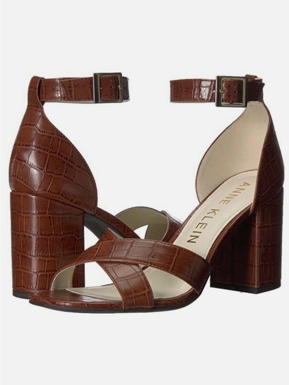 Anne Klein Croc-Embossed Brown Ankle-Strap Block Heel Sandals